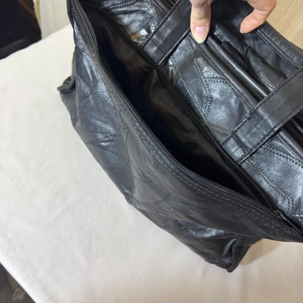 Patchwork Bonded Leather Briefcase Large Black Laptop Bag Professional